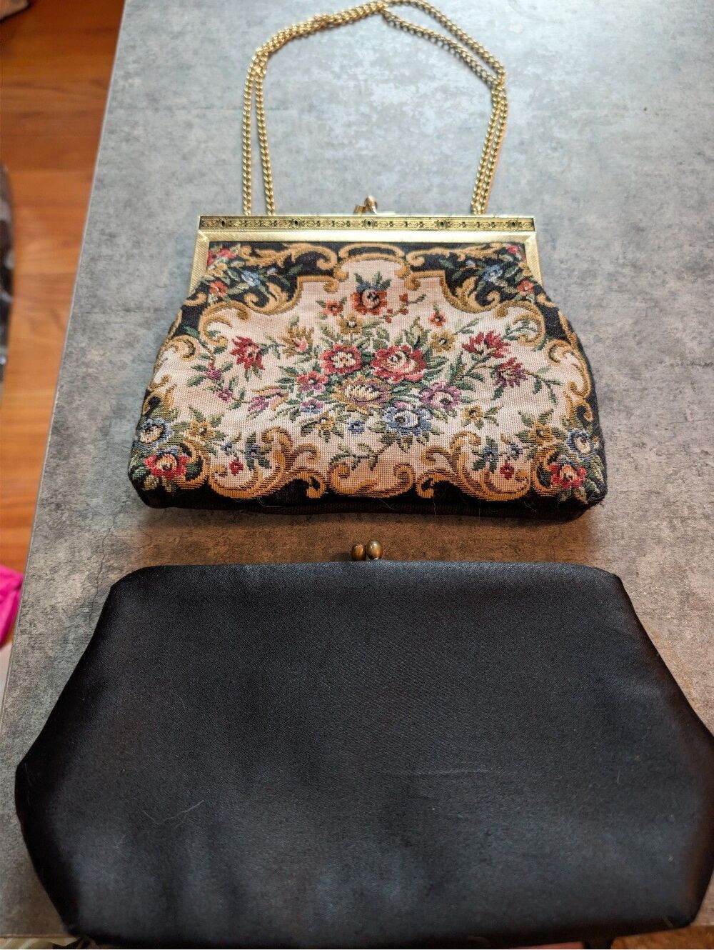 Vintage Lot 2 Handbags Tapestry Chain Strap + Black Clutch Bag Twist Closure